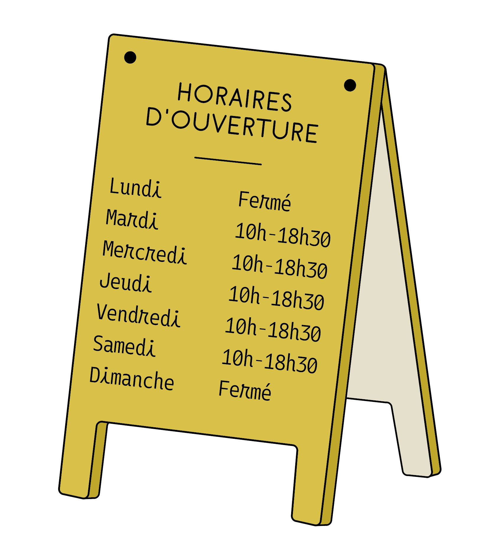 Chevalet illustré présentant les horaires d'ouverture d'Au Petit Poids